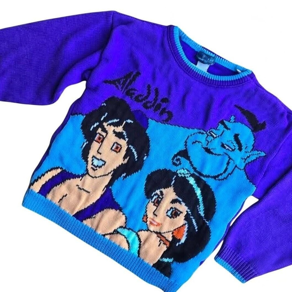 Vintage Disney Aladdin Sweater Kids Purple Blue Jasmine Genie Jerzees 90s Knit